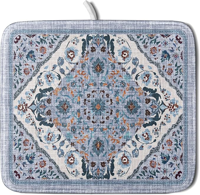Boho Flower Dish Drying Mat Blue Bohemian Dishes Drainer Rack Mat 16x18 Inch Microfiber Kitchen Drying Pad for Countertop Tableware Decor