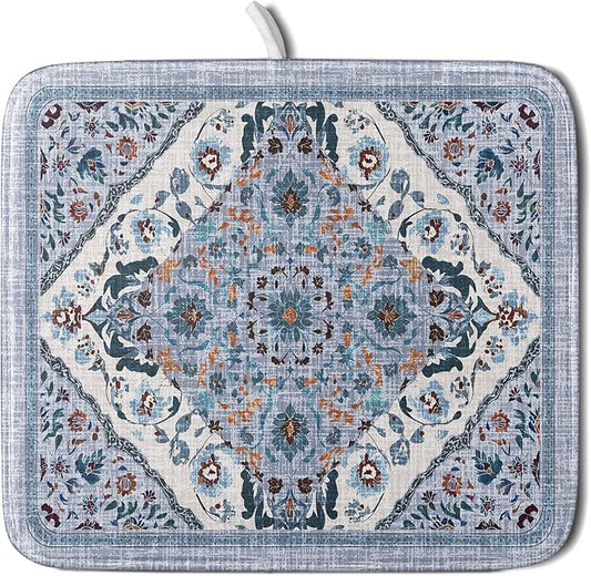 Boho Flower Dish Drying Mat Blue Bohemian Dishes Drainer Rack Mat 16x18 Inch Microfiber Kitchen Drying Pad for Countertop Tableware Decor