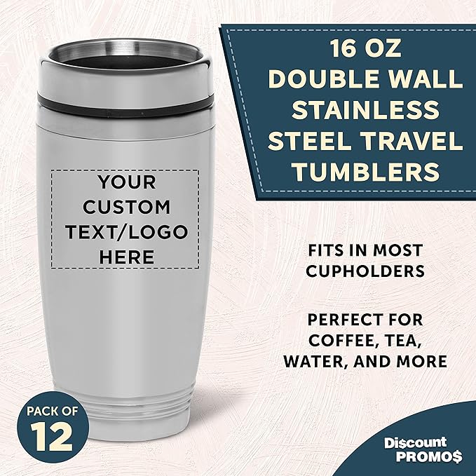 DISCOUNT PROMOS Custom Stainless Steel Tumblers 16 oz. Set of 12, Personalized Bulk Pack - Perfect for Coffee, Soda, Other Hot & Cold Beverages - Silver
