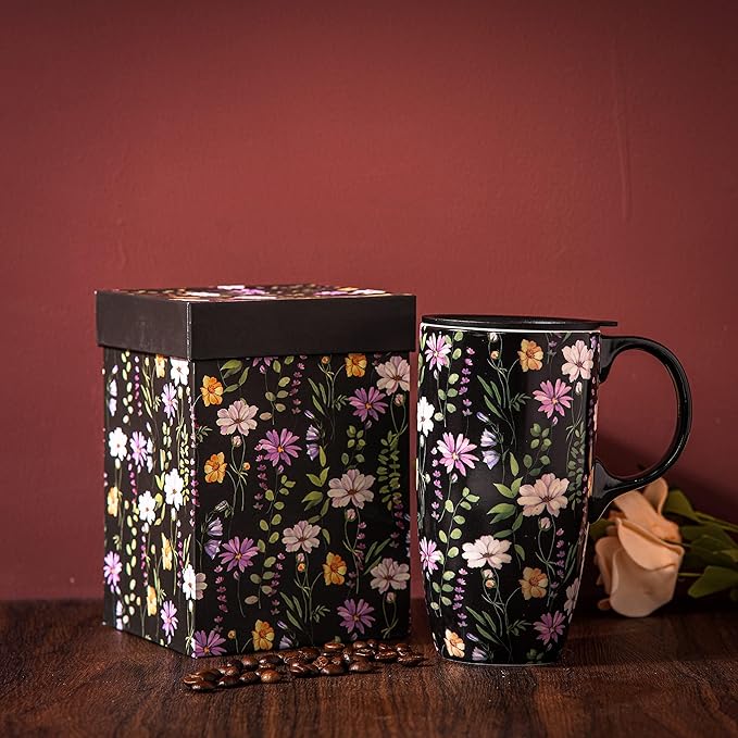 Topadorn Ceramic Travel Mug Coffee Cups with Spill-Proof Lid, Latte Mugs for Home and Office with Gift Box, Holiday Gift Her Him, Black