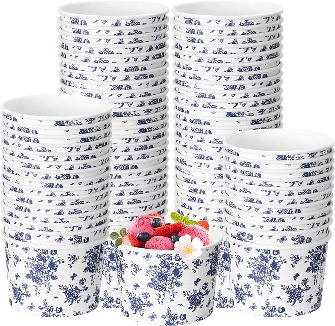 50 Pack Blue Floral Treat Snack Cups Floral Paper Ice Cream Cups 9 oz Summer Flower Disposable Dessert Bowls Paper Soup Bowls for Hot or Cold Food Wedding Baby Shower Birthday Party Supplies
