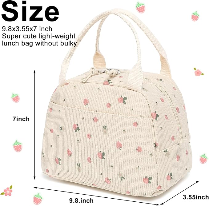 BTOOP Lunch Box for Women Men Cute Corduroy Lunch Bags Large Capacity Insulated Lunch Tote Bag For Work Travel Or Picnic (Blue-Brown Flower)