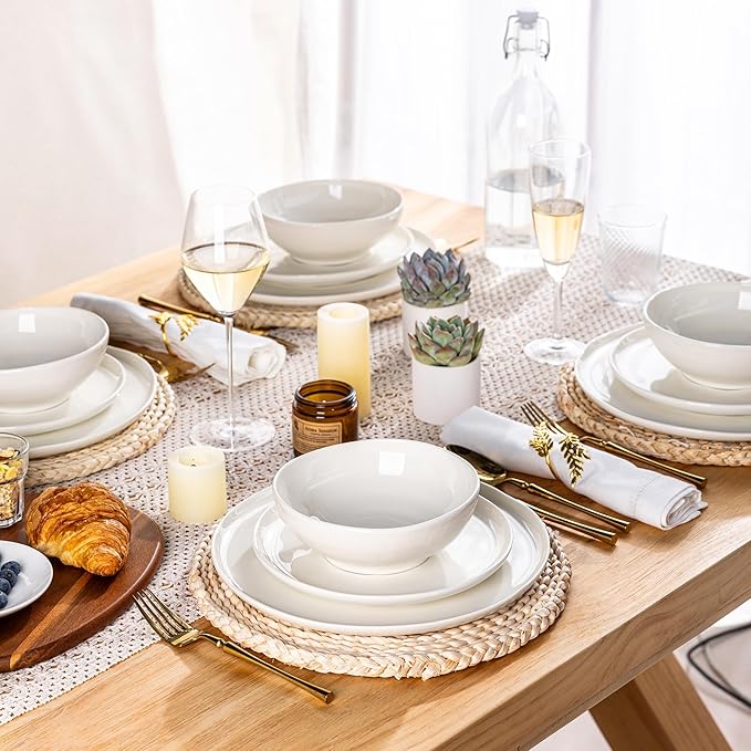 LERATIO Ceramic Dinnerware Sets for 4,Porcelain Plates and Bowls Sets with Wavy Edge,Microwave & Dishwasher & Oven Safe,Light Weight & Scratch Resistant Dishes Sets-Service for 4 (12pcs)