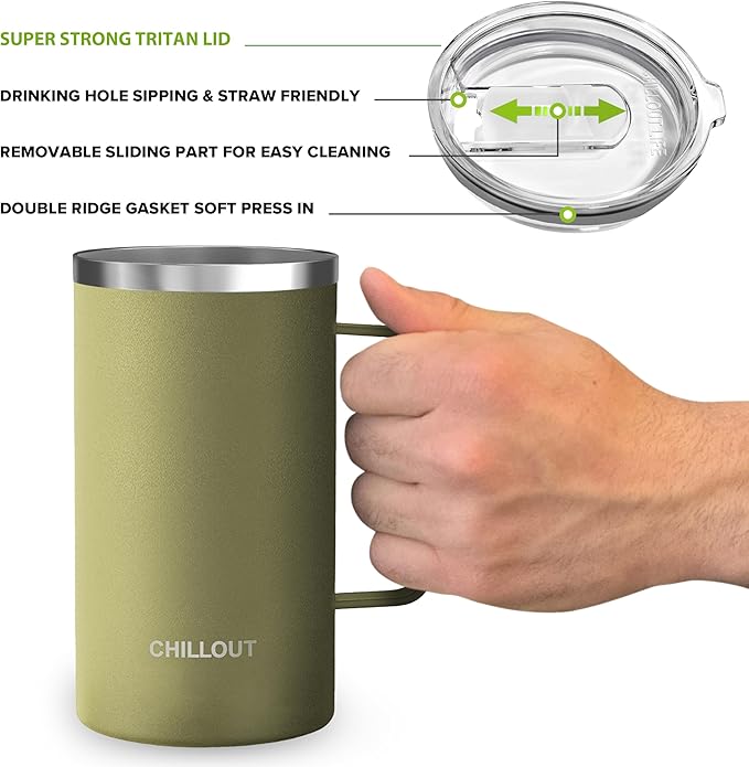 CHILLOUT LIFE Stainless Steel Vacuum Insulated Coffee Mug 16 oz (Set of 2) with Handle and Lid, Large Thermal Camping Coffee Mugs with Sliding Lid for Men & Women, Keeps Your Beverages Hot & Cold