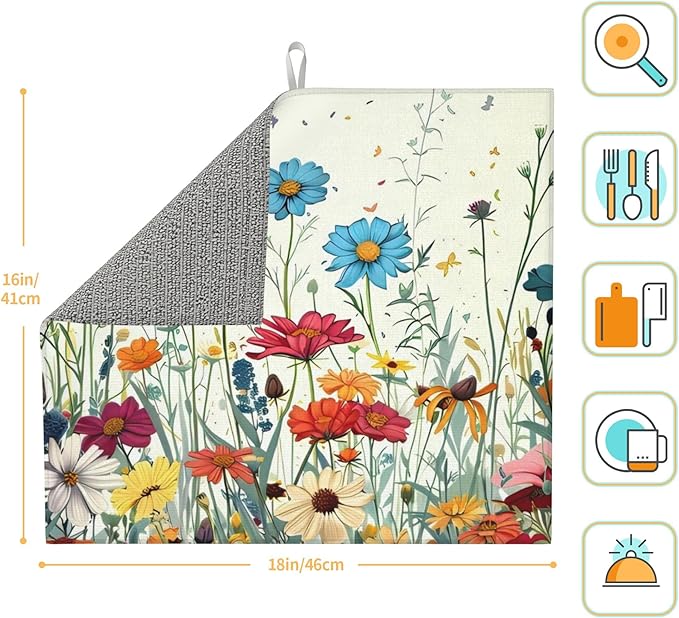 Butterfly Flowers Dish Drying Mat 16x18 Inch, Microfiber Absorbent Fast Dry Mat Daisy Floral Large Dish Mat Drying Kitchen Mat, Kitchen Drying Pad for Kitchen Counter Coffee Bar Decor Gifts