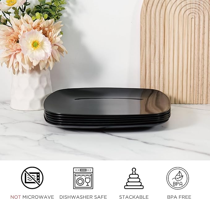 TP 10.5" Melamine Square Dinner Plates, 6-piece Plate Set Unbreakable Serving Dishes for Indoors and Outdoors, Unbreakable Dinner Service for 6, Black