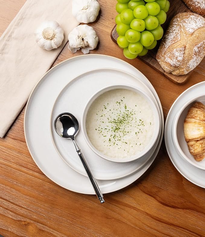 TheTerra Ceramic Dinnerware Sets for 4, 12 Pieces Handmade Reactive Glaze Plates and Bowls Set, Scratch Resistant Dish Set, Oven & Microwave & Dishwasher Safe, Star White