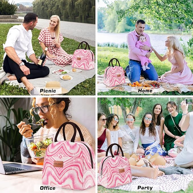 BALORAY Lunch Bag for Women Men Cute Reusable Insulated Lunch Box Large Capacity Lunch Tote Bag for Work, Picnic or Travel(Shimmery Pink)