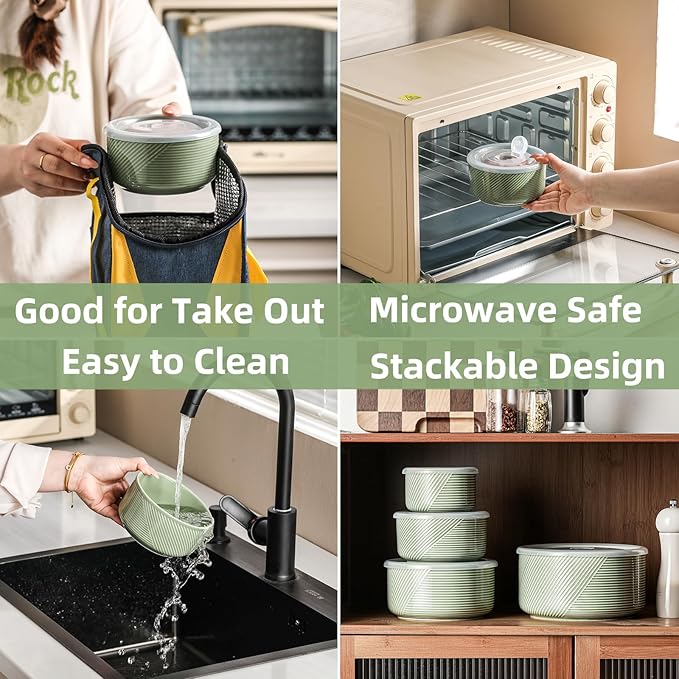 Ceramic Nesting Bowls with Lids: Mixing Bowls with Lids - Porcelain Food Storage Containers For Prep and Serving, Microwavable Kitchen Bowl Set of 4, 50/32/20/10 oz (Green)