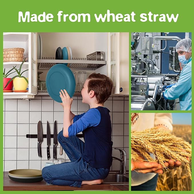 Teivio 32-Piece Kitchen Plastic Wheat Straw Dinnerware Set, Service for 8, Dinner Plates, Dessert Plate, Cereal Bowls, Cups, Unbreakable Colorful Plastic Outdoor Camping Dishes, Cerulean Hues