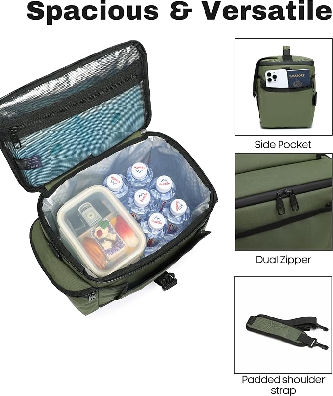 SUNNY BIRD Large Lunch Bag, Thermally Insulated Soft Cooler with Shoulder Strap for Women, Men (Khaki Green)