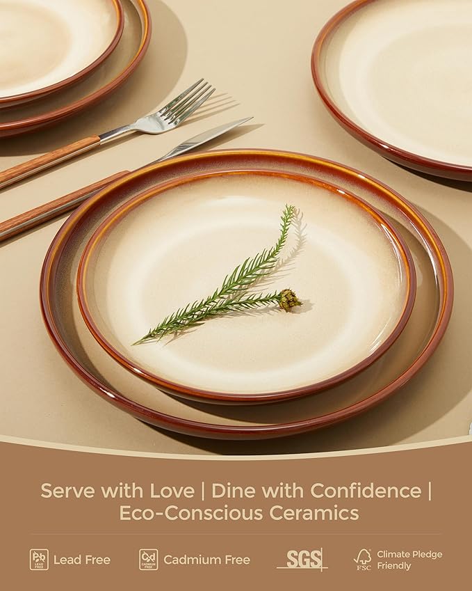 Ceramic Dish Set for 6, 18 Piece Dinnerware Set for Small to Medium Families, Reactive Glaze Design, Dishwasher & Microwave Safe, Brown Yellow