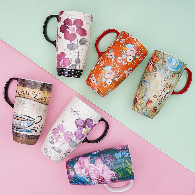 Topadorn Christmas Ceramic Mug Coffee Mugs with Lid and Gift Box for Holiday Party Latte Mug, 17oz. Purple Flower