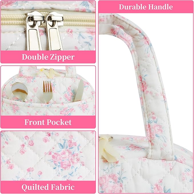 Quilted Lunch Box for Women,Insulated Cute Reusable Lunch Bag with Front Pocket,Pink Flower Stylish Lunch Tote Bag for Work, Office,Picnic, Travel,School (pink big floral)