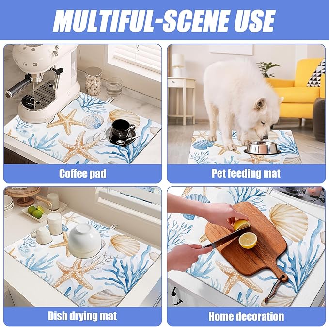 Beach Seashell Starfish Dish Drying Mat for Kitchen Counter Nautical Coastal Drying Pad Absorbent Reversible Dish Drainer Rack Mats Draining Pad