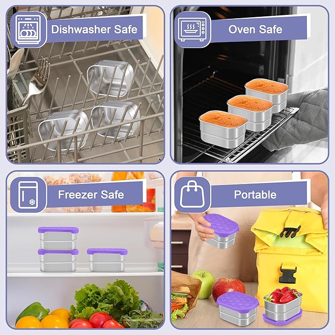 TeamFar 3 PCS Stainless Steel Snack Containers for Kids, 8oz /230ml Food Container with Easy Open Leakproof Silicone Lid, Metal Small Toddler Lunch Box for Daycare School, Healthy & Portable, Purple