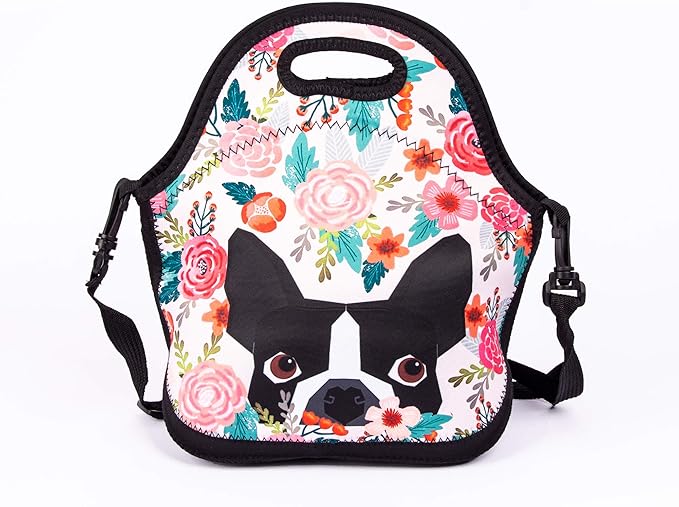Boston Terrier Dog Florals Lunch Bag Cute Pug Lunch Bags for Women Kids Girls Men Teen Boys Insulated Waterproof Lunch Tote Colorful Flower Printed Box for Work Travel and Picnic