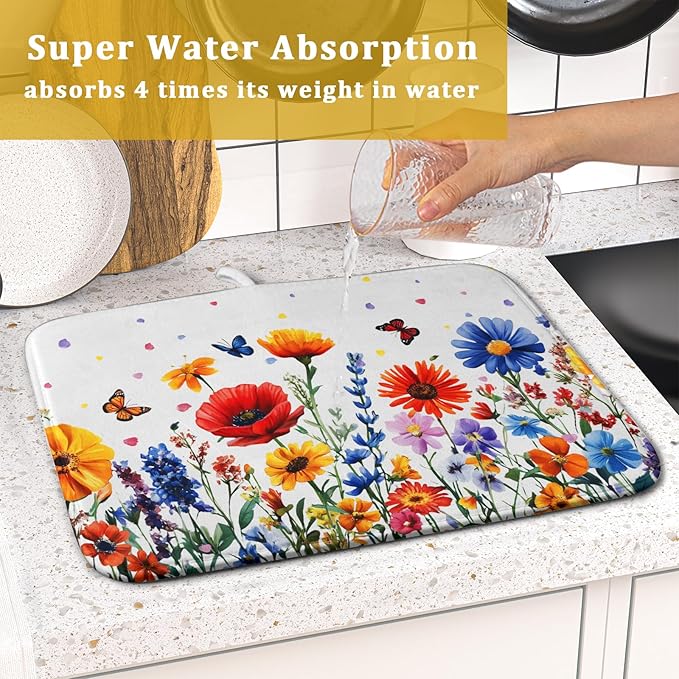 Watercolor Flower Dish Drying Mat 16x18 Inch Floral Butterfly Dish Drainer Protector Pad Washable Reversible Kitchen Counter Dish Dry Pad
