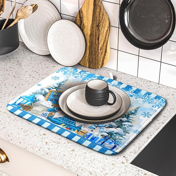 Winter Christmas Gnomes Dish Drying Mat 16x18 for Kitchen Counter Snowman Xmas Gift Tree Snowflake Large Absorbent Microfiber Fast Dry Dishes Draining Mats Holiday Kitchen Decor