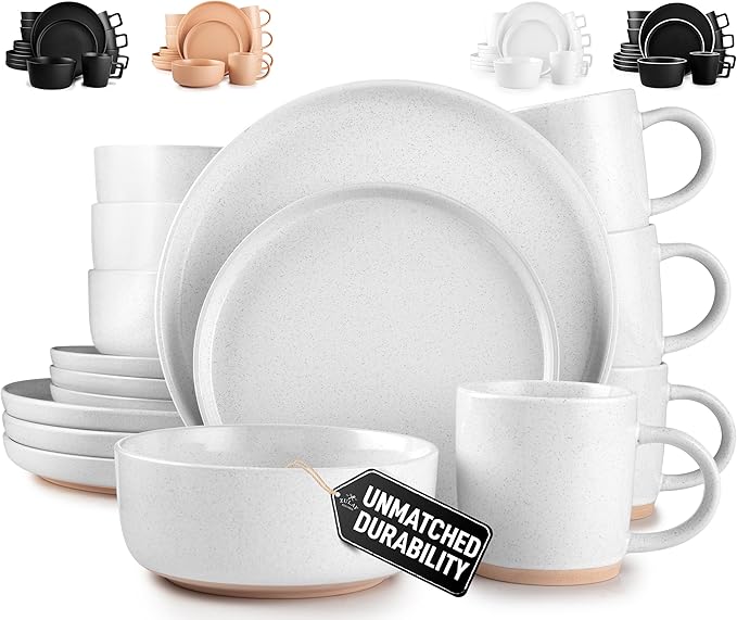 Zulay Kitchen Terra Stoneware Dinnerware Set, Artisanal Ceramic Plates and Bowls Set Crafted at 2300℉ - Service for 4, Speckled White