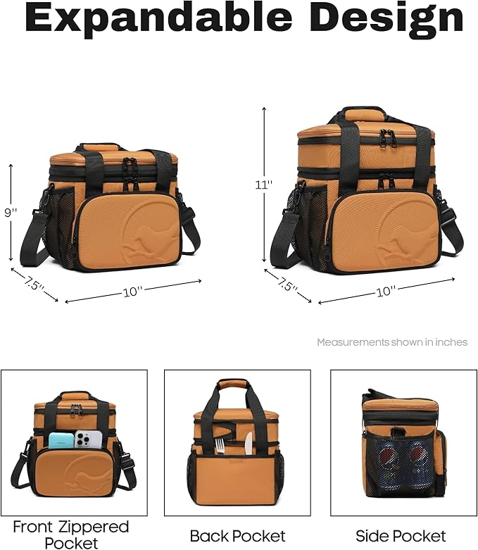 SUNNY BIRD Dual Compartment Lunch Bag, 13L Insulated Adult Lunch Box for Work (Brown)