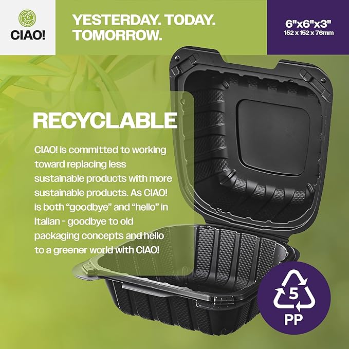 CIAO! 6"x6"x3" MFPP Black Hinged Container With Lid 1 Compartment (Case of 300)