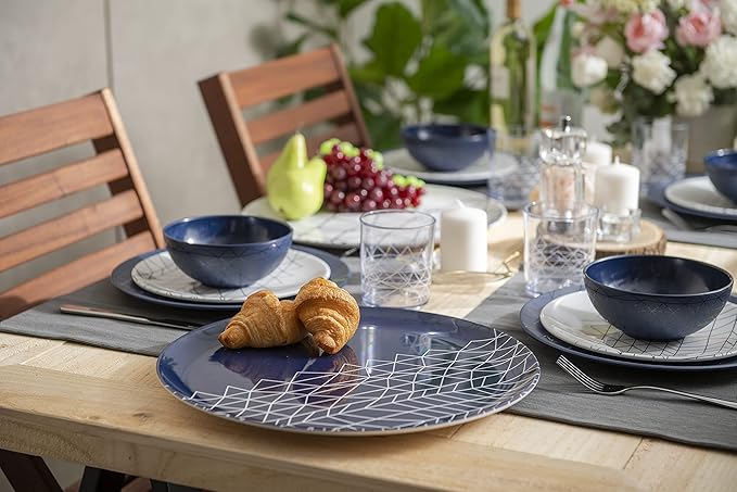 bzyoo 100% Melamine 14 inch Round Platter Dishwasher Safe Food Serving Tray for Casual dining Indoor and Outdoor Dining Party Cocktails (Spidy French Navy)