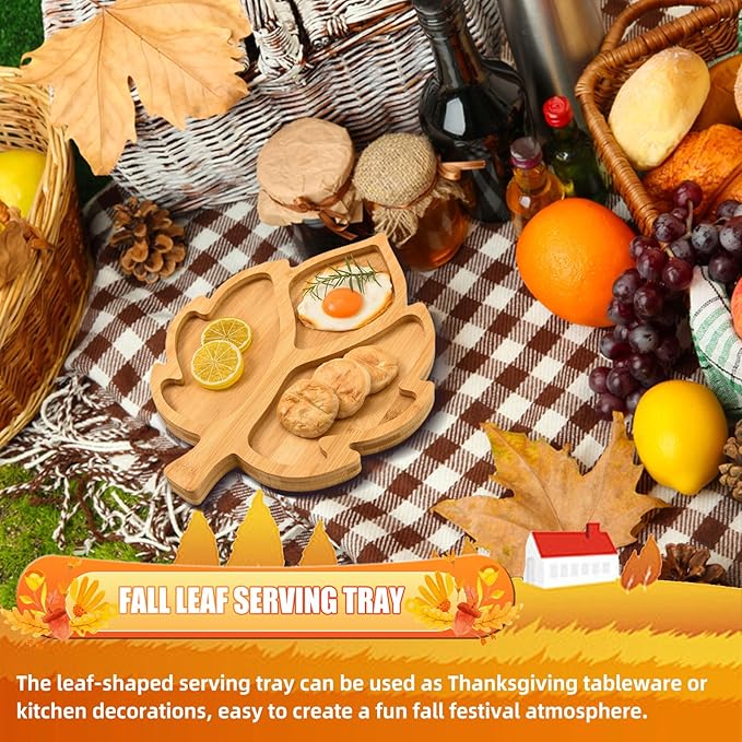 AWIZOM Leaf Wooden Serving Platter Thanksgiving Bamboo Serving Tray Wooden Snack Cheese Charcuterie Board Sectional Wood Fall Leaf Dish Plate for Fall Autumn Harvest Party Supply,11.02x14.56x0.79