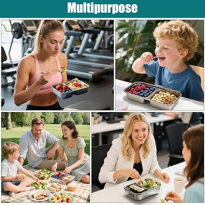 3 Pack Stainless Steel Snack Containers - Reusable 2 Compartment Lunchable Snack Prep Containers with Leakproof Lids, Grab and Go Divided Food Lunch Storage Containers for School, Travel