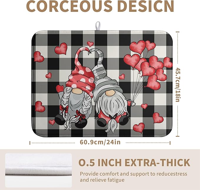 Valentine Gnome Hearts Dish Drying Mat Valentines Gnomes Dishes Dryer Mats for Kitchen Countertop 18x24 Inches Under Coffee Maker Drainer Matt Microfiber Large