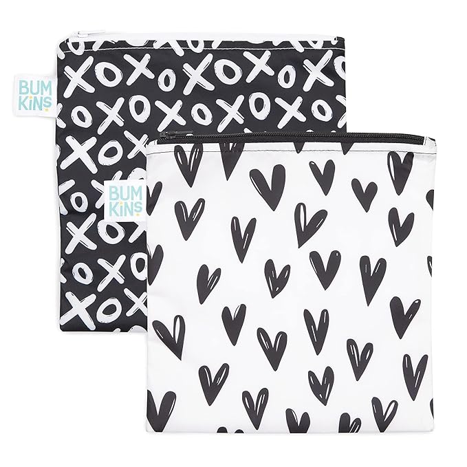 Bumkins Reusable Sandwich and Snack Bags, for Kids School Lunch and for Adults Portion, Washable Fabric, Waterproof Cloth Zip Bag, Travel Pouch, Food-Safe Storage, Large 2-pk Hearts and XOXO