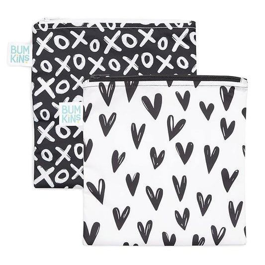Bumkins Reusable Sandwich and Snack Bags, for Kids School Lunch and for Adults Portion, Washable Fabric, Waterproof Cloth Zip Bag, Travel Pouch, Food-Safe Storage, Large 2-pk Hearts and XOXO