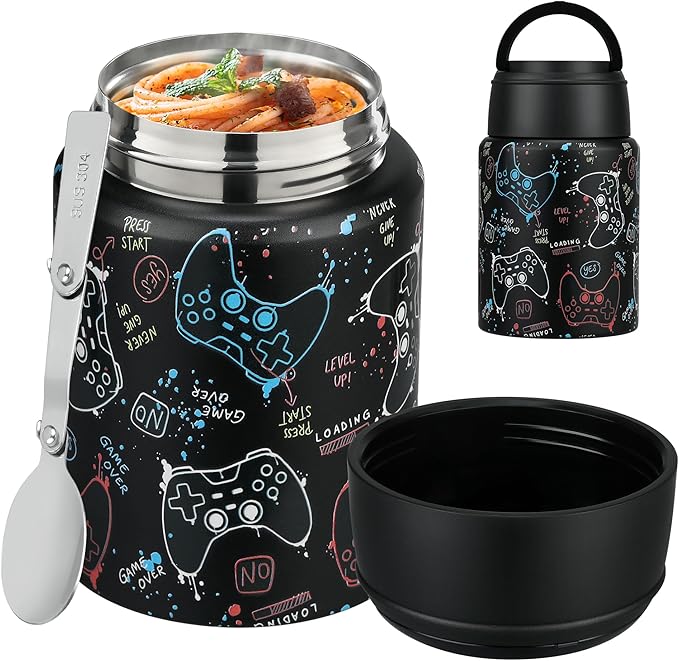 Soup Thermo for Hot Food Kids 16oz Insulated Food Jar Leakproof Thermo Lunch Container for Kids Wide-Mouth Stainless Steel Lunch Box for School with Handle Folding Spoon(3+)