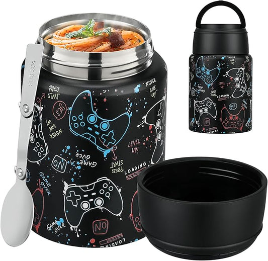 Soup Thermo for Hot Food Kids 16oz Insulated Food Jar Leakproof Thermo Lunch Container for Kids Wide-Mouth Stainless Steel Lunch Box for School with Handle Folding Spoon(3+)