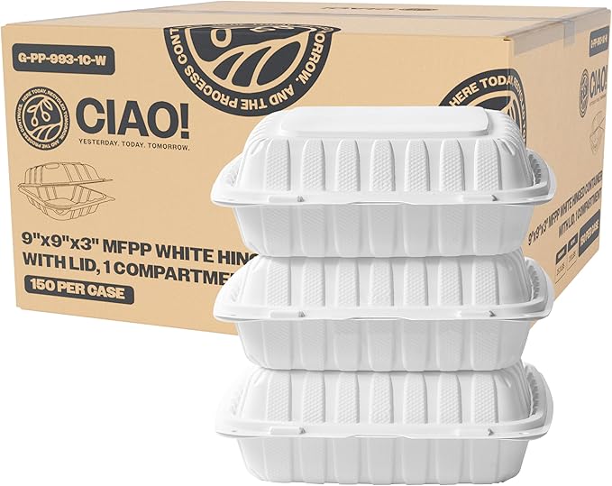CIAO! 9"x9"x3" MFPP White Hinged Container With Lid 1 Compartment (Case of 150)