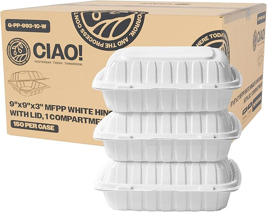 CIAO! 9"x9"x3" MFPP White Hinged Container With Lid 1 Compartment (Case of 150)
