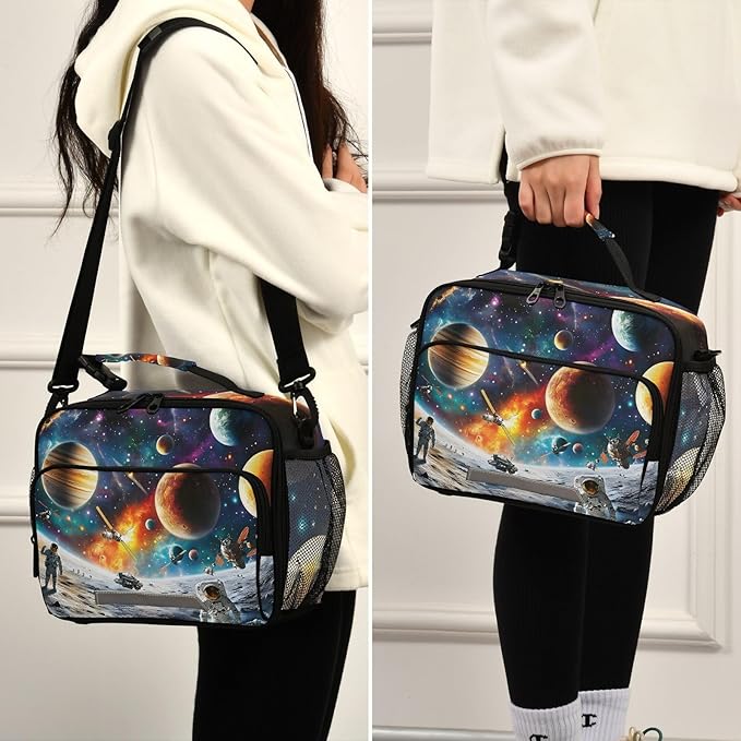 ALAZA Astronaut Kids Lunch Box Planet Lunchbox Insulated Reusable Meal Container Lunchbag with Shoulder Strap