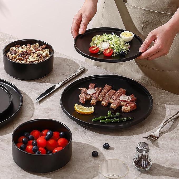 GZG Classic Series - Plates and Bowls Set for 6, 18 Piece Stoneware Dinnerware Sets, Microwave and Dishwasher Safe Lead-Free Handcrafted Ceramic Dishes Set - Matte Black