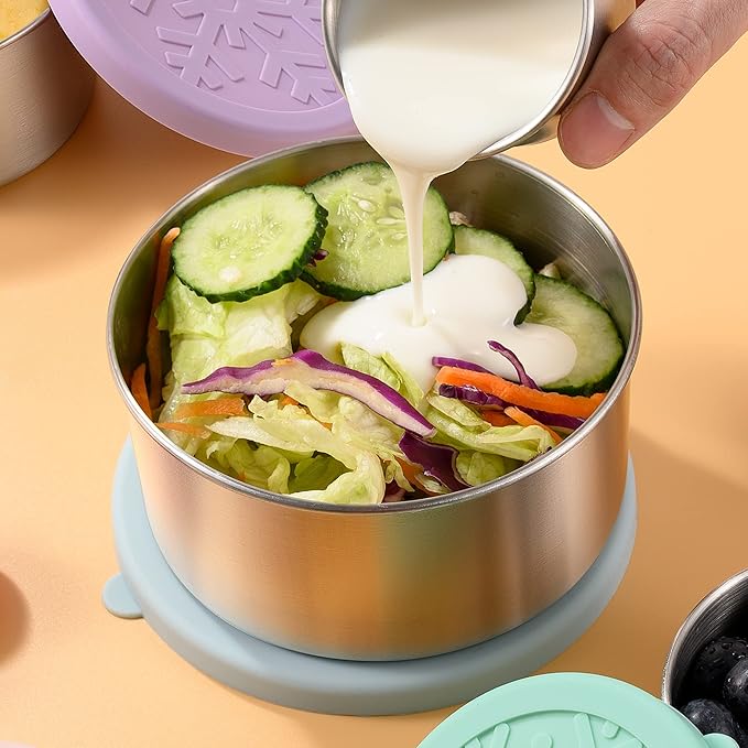 Stainless Steel Containers with Lids - Stackable Toddler Snack Containers, 18/8 Stainless Steel Lunch Box for Kids Adults, Leakproof Metal Food Storage Containers (4Pack: 3oz, 7oz, 13oz, 22oz)