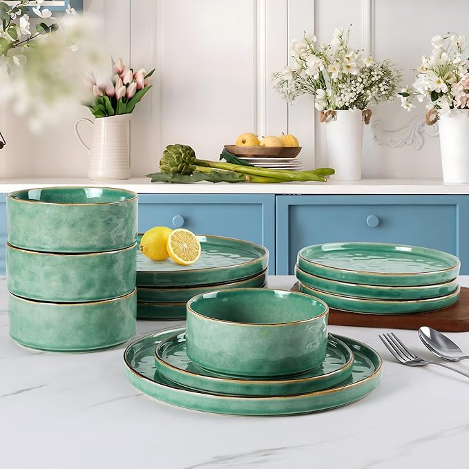 LIANYU 16 Piece Dinnerware Sets with Double Bowls, Plates and Bowls Dish Set for 4, Ceramic Dinner Ware Dishware for Kitchen Dining, Microwave & Dishwasher Safe, Emerald Green