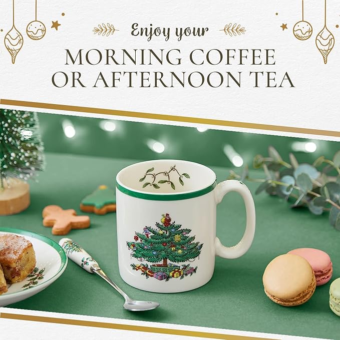 Spode Christmas Tree Mugs Set of 4 – Iconic Tree Pattern, Holiday Beverage Mugs with 9 oz Capacity – Dishwasher Safe, Festive Hot-Drink Cups in Durable Stoneware for Cocoa, Tea & Coffee
