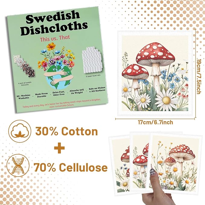 Red Mushroom Swedish Dishcloths for Kitchen - 6PCS Mushroom Swedish Cloths for Washing Dishes, Reusable Dish Towels Gift, Funny Washable Cleaning Sponge Fast Drying