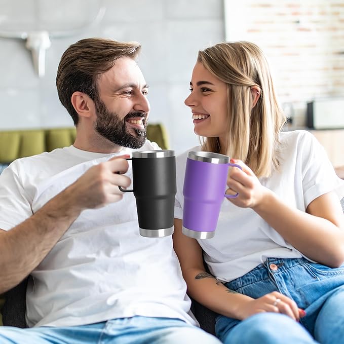 20oz Tumbler Bulk with Lid, Stainless Steel Tumbler Bulk with Handle, Metal Insulated Travel Coffee Mug Set with Handle, Double Wall Vacuum Leak Proof Tumbler Cup, Black 12 Pack