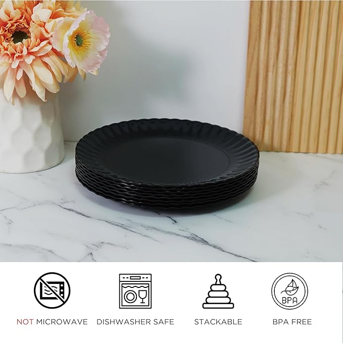 TP 8 inch Plates Set of 8, Melamine Round Plates for Salad Appetizer Dinner Lunch, Dessert Dishes for Indoors and Outdoors, Black