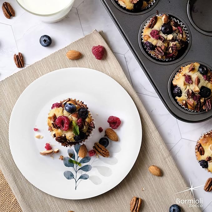 Bormioli Rocco White Moon Botanica Blue, Set Of 6, 7.75" Dessert Plates, Tempered Opal Glass Dishes, Dishwasher & Microwave Safe, Made In Spain.