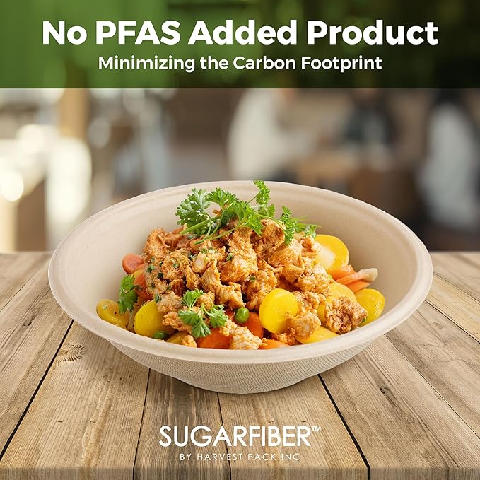 [1000 Count]Harvest Pack 22oz Round Bowls PFAS Free with PLA coating with PET Lid, Heavy-Duty Eco-Friendly Disposable Bagasse Sugarcane Bowl for Meal Prep