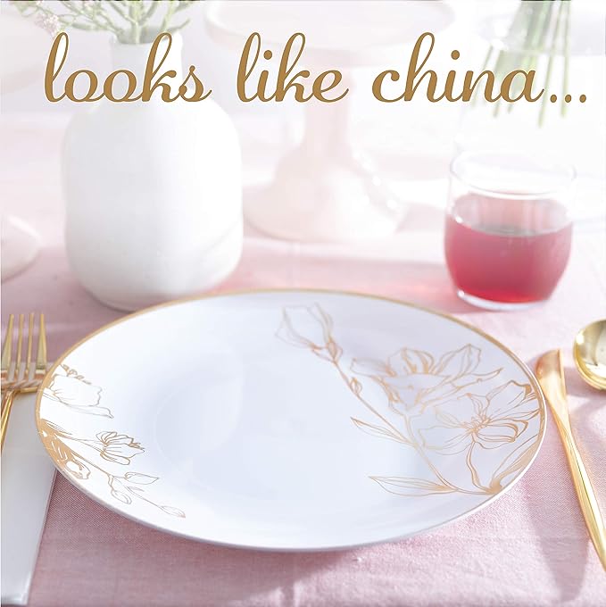 [10'' Plates 40 Count] White Plastic Floral Design Party Dinner Plates With Gold Rim Premium heavyweight Elegant Disposable Tableware Dishes