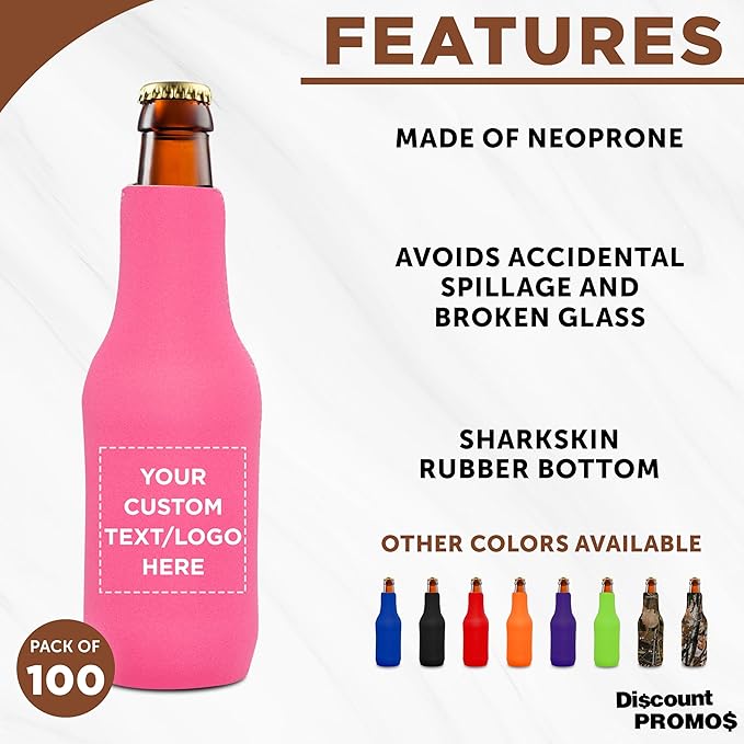 100 Neoprene Zippered Beer Bottle Coolies Pack - Customizable Text, Logo - Sharkskin Rubber Bottom - Neon Pink