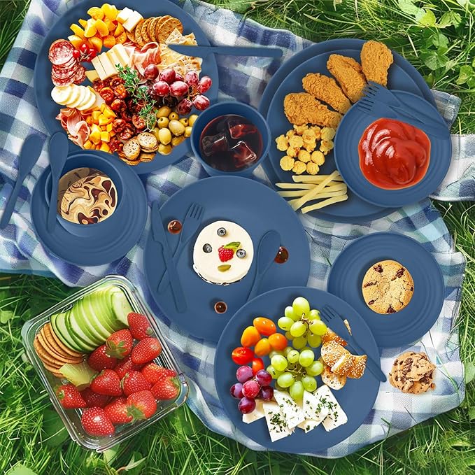 Wrova 64-Piece Service for 8 Dinnerware Set - Unbreakable Wheat Straw Dinnerware sets of 64 - Dinner plates/Snack plates/Cereal bowls/Drinking Cups/Cutlery for Outdoor camping and indoors.Blue