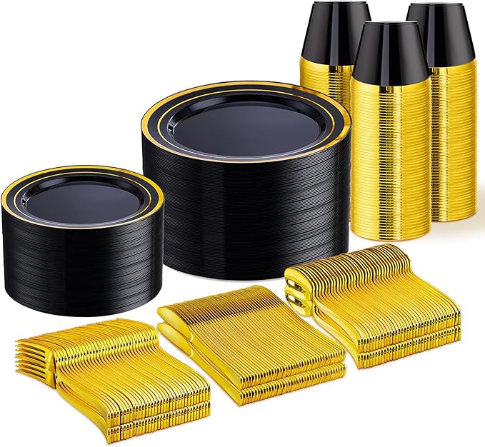 WELLIFE 450 PCS Black and Gold Disposable Dinnerware Set for 75 Guests, Plastic Plates for Party, Gold rimmed Dinner Salad Plates,Cups,Silverware Set for Halloween Party and Celebration